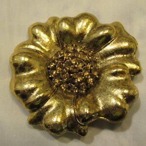 Vintage Signed Made in USA Gold Tone Topaz Yellow Rhinestone Brooch Flower 2.5"